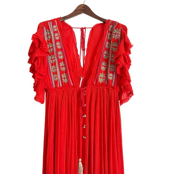 FREE PEOPLE Bali Will Wait For You Boho Embroidered Maxi Dress Red Medium M - Picture 6 of 16